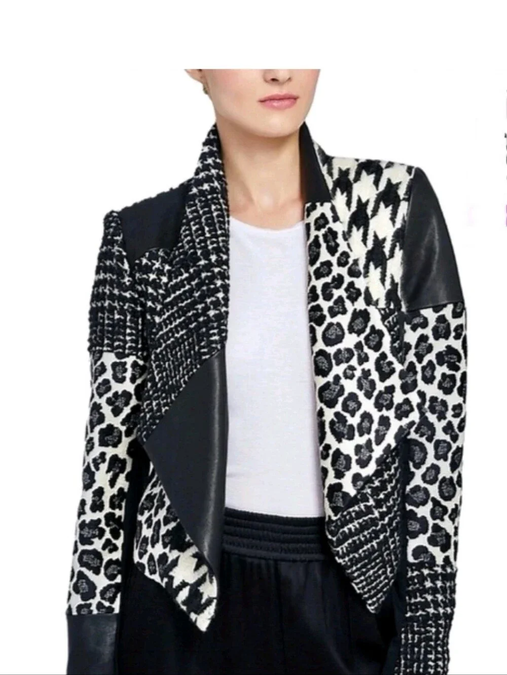 Alice + Olivia Harvey Leather Patchwork Draped Lapel Blazer Size Small $695
